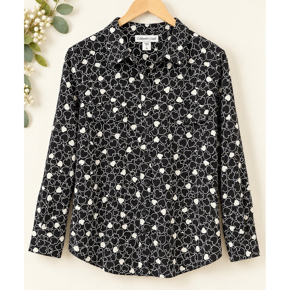 Coldwater Creek Womens Black White Heart Print Button Down Shirt Size L 14